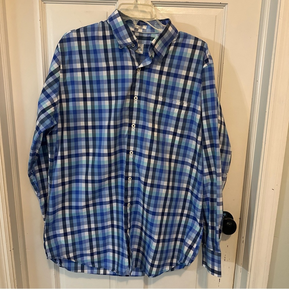 Peter Millar Shirt Men Large Blue White Casual Button Down Preppy‎ Plaid